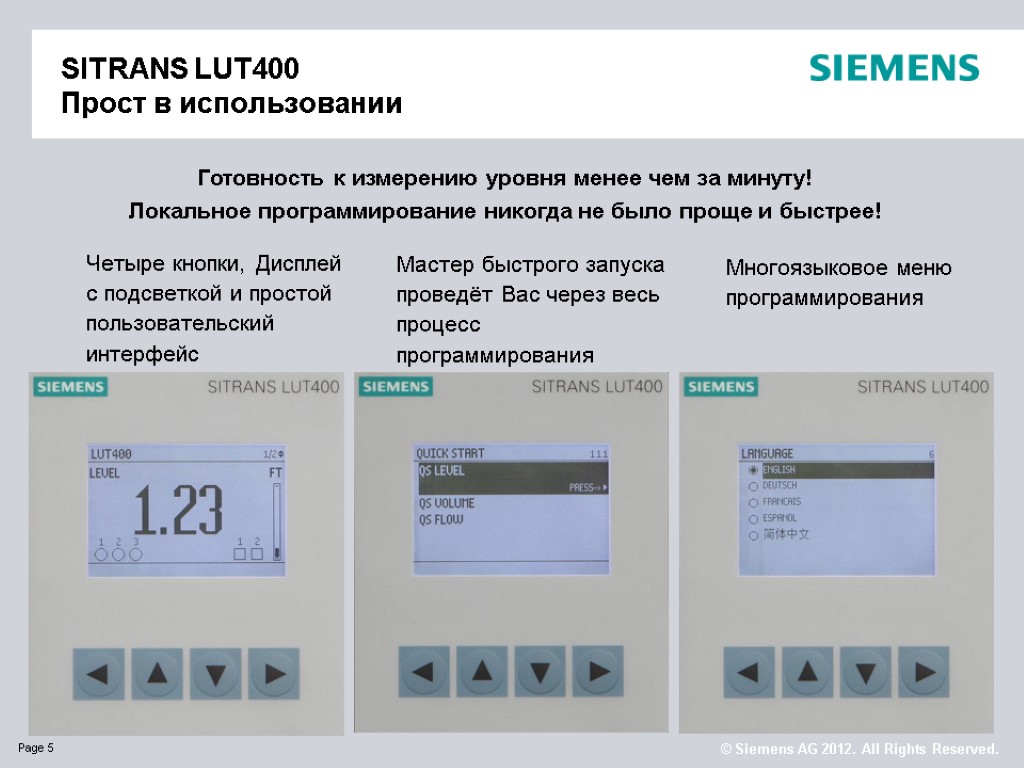 SITRANS LUT400 Прост в использовании Четыре кнопки, Дисплей с подсветкой и простой пользовательский интерфейс